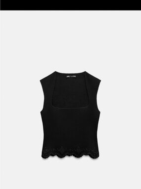 NEW ZARA Black Stretch Knit Square Neck Top